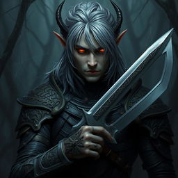 A male dark elf druid with striking gray hair falling softly around his shoulders, and piercing red eyes that glow with intensity