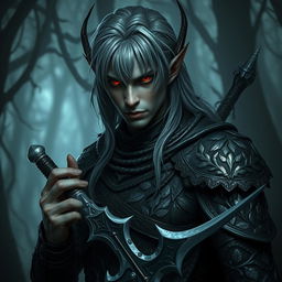 A male dark elf druid with striking gray hair falling softly around his shoulders, and piercing red eyes that glow with intensity