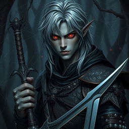 A male dark elf druid with striking gray hair falling softly around his shoulders, and piercing red eyes that glow with intensity