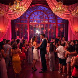 A lively party scene with an enormous and beautiful window as the backdrop