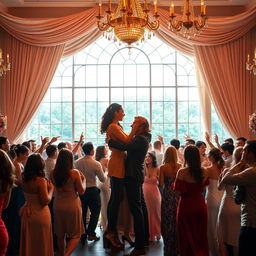 A lively party scene with an enormous and beautiful window as the backdrop