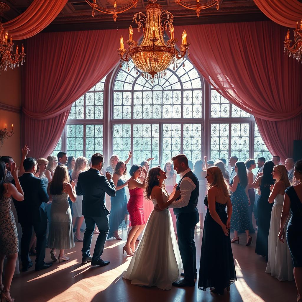 A lively party scene with an enormous and beautiful window as the backdrop