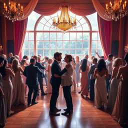 A lively party scene with an enormous and beautiful window as the backdrop