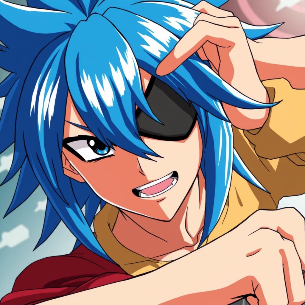 An anime-style character with vibrant blue hair, styled in a classic yet unique anime fashion