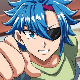 An anime-style character with vibrant blue hair, styled in a classic yet unique anime fashion