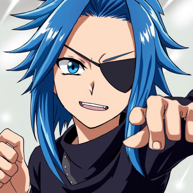 An anime-style character with vibrant blue hair, styled in a classic yet unique anime fashion