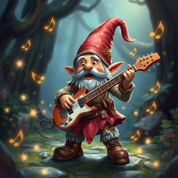 A lively D&D gnome, overflowing with charisma, energetically playing a keytar in an enchanting magical glen