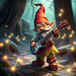 A lively D&D gnome, overflowing with charisma, energetically playing a keytar in an enchanting magical glen