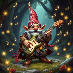 A lively D&D gnome, overflowing with charisma, energetically playing a keytar in an enchanting magical glen