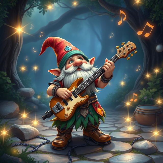 A lively D&D gnome, overflowing with charisma, energetically playing a keytar in an enchanting magical glen