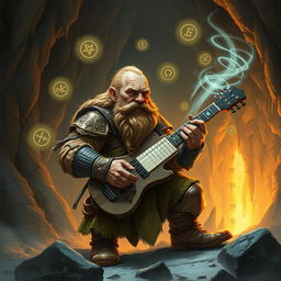 A steadfast D&D dwarf passionately playing a keyboard guitar in a mystical cavern setting