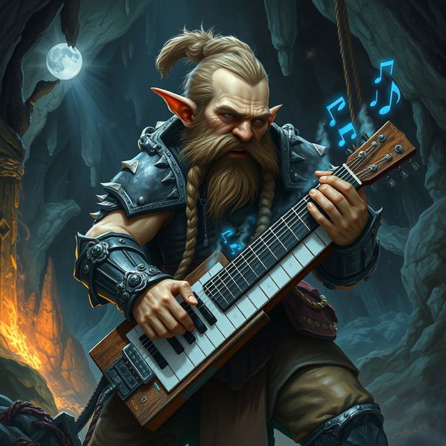 A steadfast D&D dwarf passionately playing a keyboard guitar in a mystical cavern setting