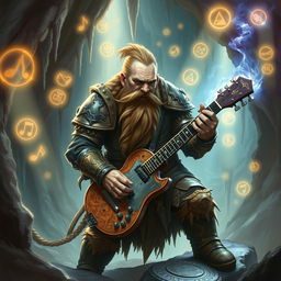 A steadfast D&D dwarf passionately playing a keyboard guitar in a mystical cavern setting