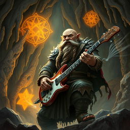 A steadfast D&D dwarf passionately playing a keyboard guitar in a mystical cavern setting