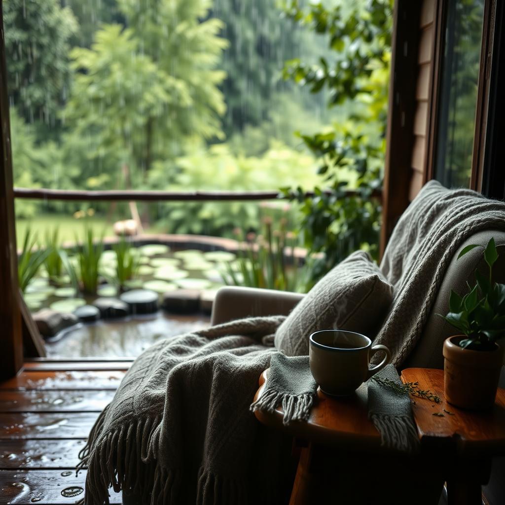 A serene and calming scene of gentle rain falling on a cozy, wooden porch surrounded by lush greenery