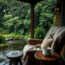 A serene and calming scene of gentle rain falling on a cozy, wooden porch surrounded by lush greenery