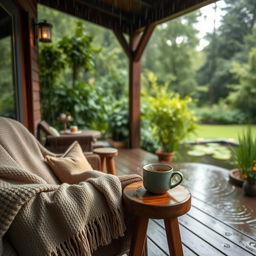 A serene and calming scene of gentle rain falling on a cozy, wooden porch surrounded by lush greenery