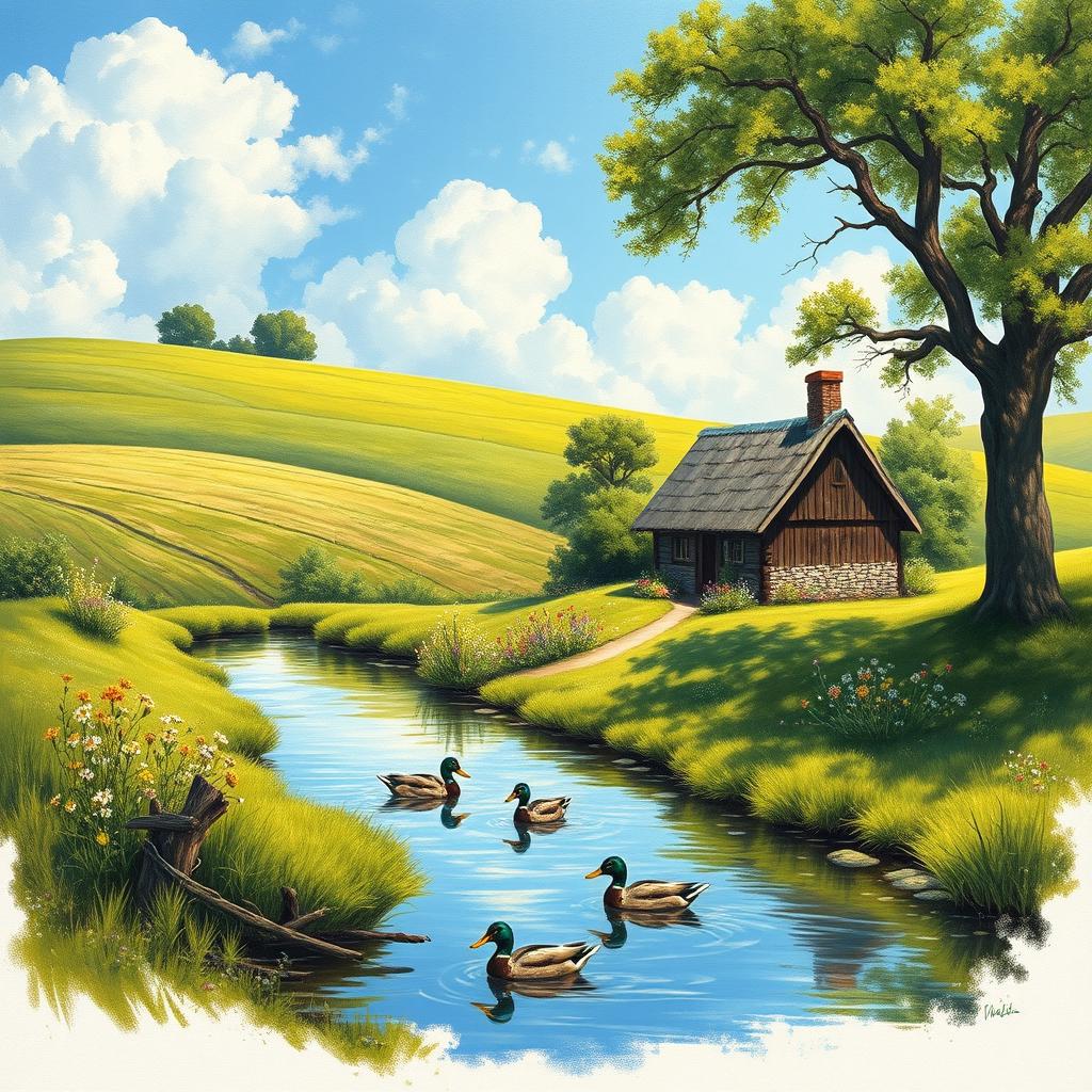 Create a detailed painting of a serene countryside landscape featuring lush green fields under a bright blue sky