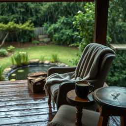 A serene and calming scene of gentle rain falling on a cozy, wooden porch surrounded by lush greenery