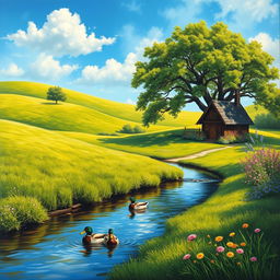 Create a detailed painting of a serene countryside landscape featuring lush green fields under a bright blue sky