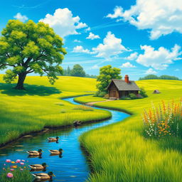 Create a detailed painting of a serene countryside landscape featuring lush green fields under a bright blue sky