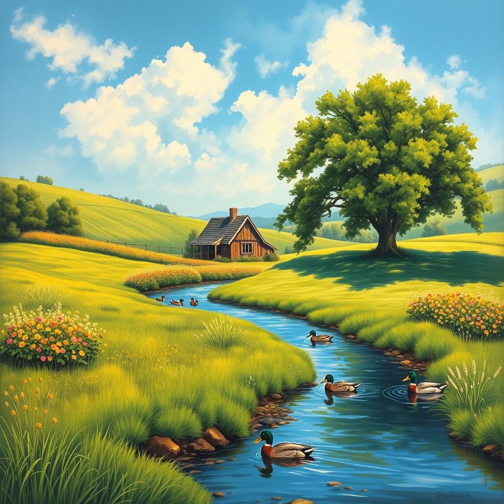 Create a detailed painting of a serene countryside landscape featuring lush green fields under a bright blue sky