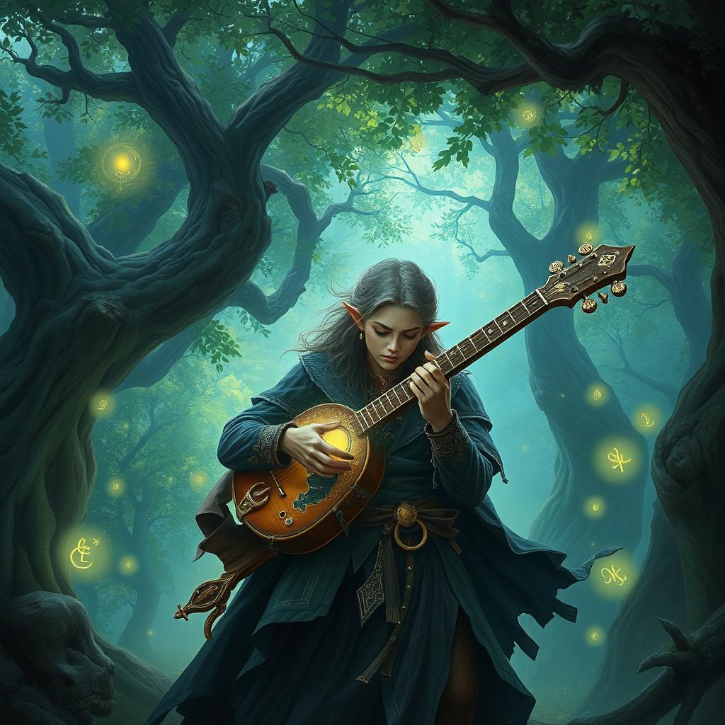 A fantastical scene featuring a D&D character playing a rolling orphica, a unique and magical instrument, in a vibrant enchanted forest