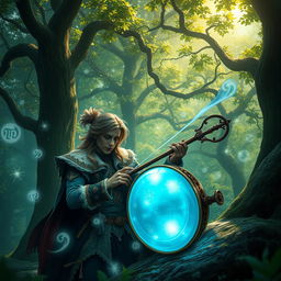 A fantastical scene featuring a D&D character playing a rolling orphica, a unique and magical instrument, in a vibrant enchanted forest