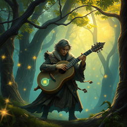 A fantastical scene featuring a D&D character playing a rolling orphica, a unique and magical instrument, in a vibrant enchanted forest