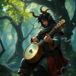 A fantastical scene featuring a D&D character playing a rolling orphica, a unique and magical instrument, in a vibrant enchanted forest