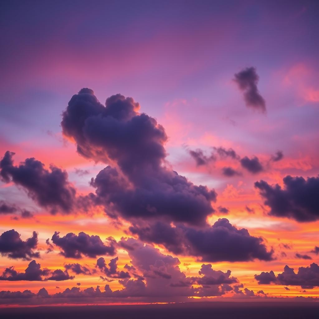 A magical sky with surreal cloud formations during a vibrant sunset