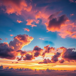 A magical sky with surreal cloud formations during a vibrant sunset