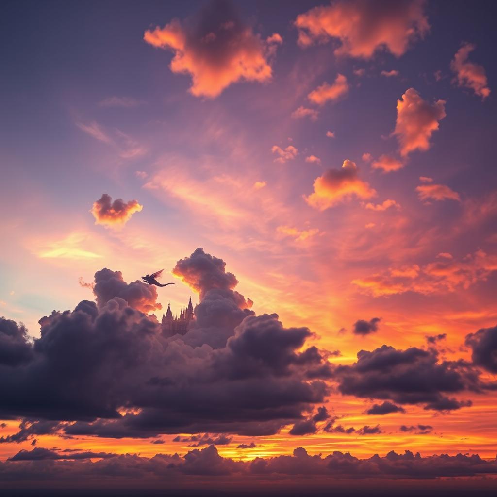 A magical sky with surreal cloud formations during a vibrant sunset