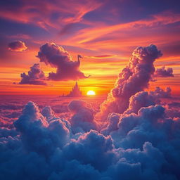 A magical sky with surreal cloud formations during a vibrant sunset