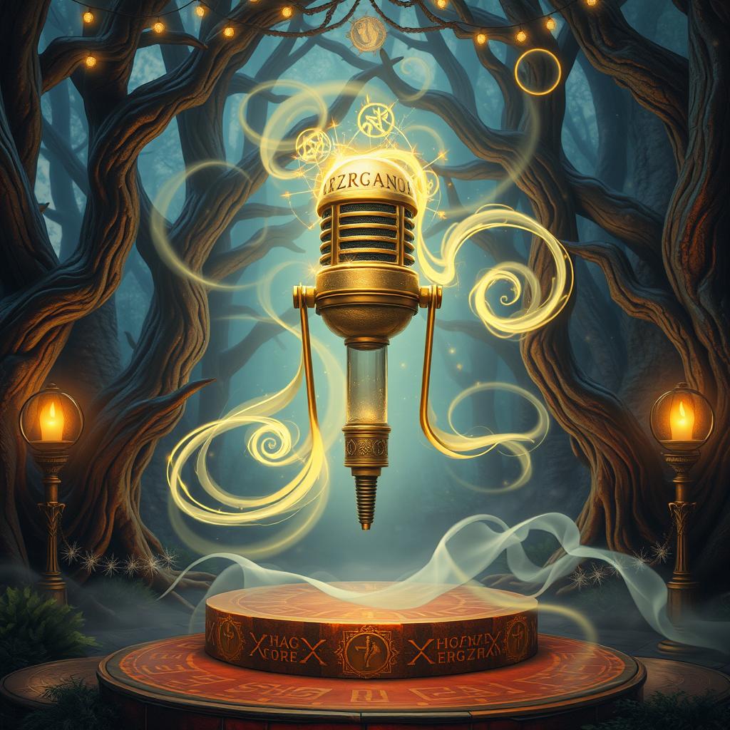 A magical D&D scene centered around a fantastical microphone, adorned with glowing runes and mystical symbols