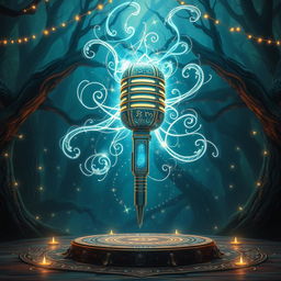 A magical D&D scene centered around a fantastical microphone, adorned with glowing runes and mystical symbols