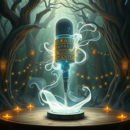 A magical D&D scene centered around a fantastical microphone, adorned with glowing runes and mystical symbols