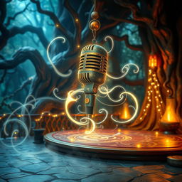 A magical D&D scene centered around a fantastical microphone, adorned with glowing runes and mystical symbols