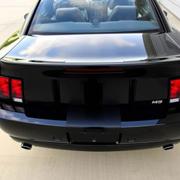 A 1999 Ford Mustang Cobra, showcasing a deep gloss black body with two matte black 8-inch stripes running centered from front to back, precisely 1 inch apart, each stripe edged with 1/8 inch red pinstripes