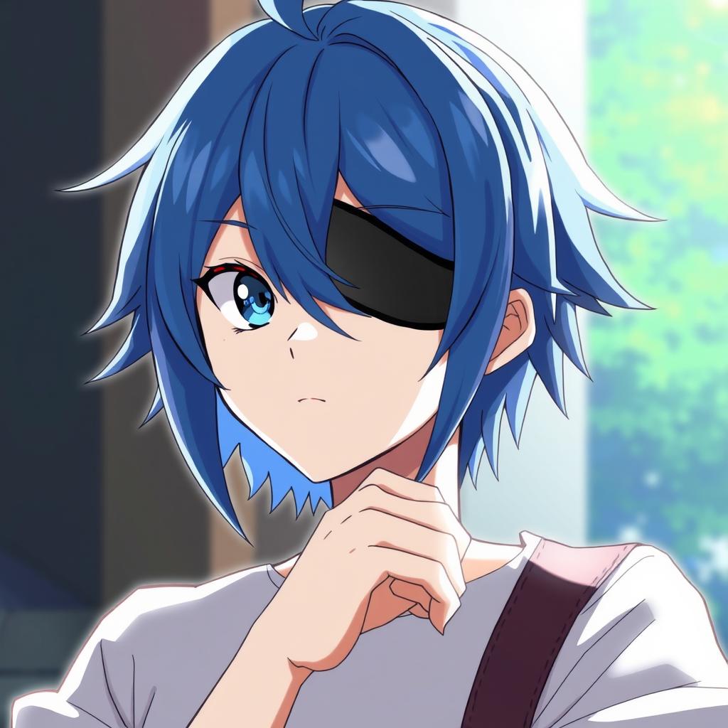 An anime-style character with vibrant blue hair, styled in a distinctive anime fashion, wearing an eye patch over one eye