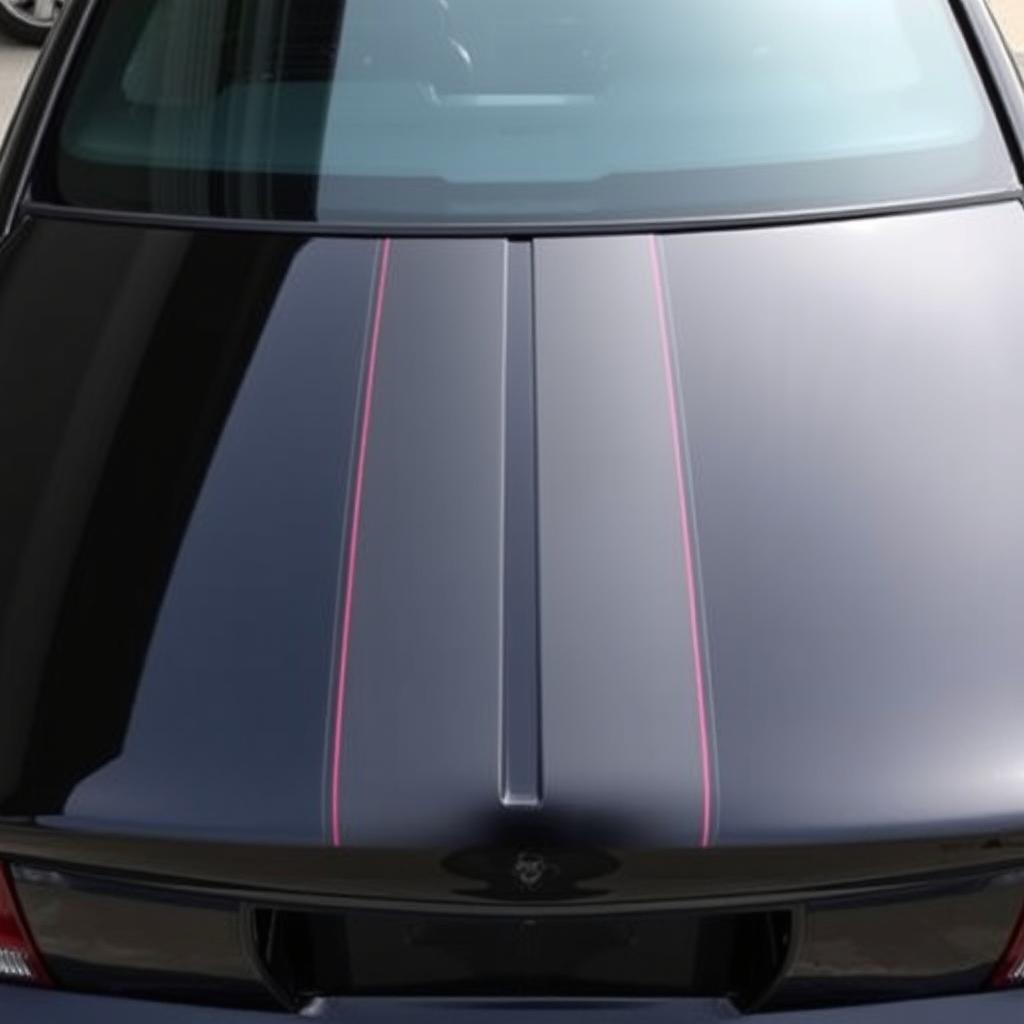 A 1999 Ford Mustang Cobra, showcasing a deep gloss black body with two matte black 8-inch stripes running centered from front to back, precisely 1 inch apart, each stripe edged with 1/8 inch red pinstripes