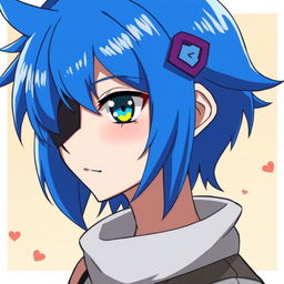 An anime-style character with vibrant blue hair, styled in a distinctive anime fashion, wearing an eye patch over one eye