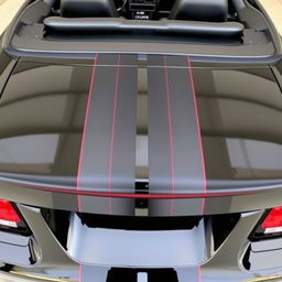 A 1999 Ford Mustang Cobra, showcasing a deep gloss black body with two matte black 8-inch stripes running centered from front to back, precisely 1 inch apart, each stripe edged with 1/8 inch red pinstripes