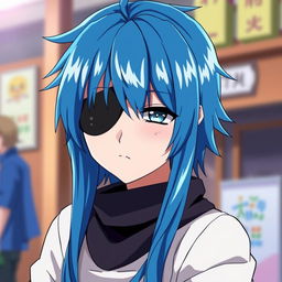 An anime-style character with vibrant blue hair, styled in a distinctive anime fashion, wearing an eye patch over one eye