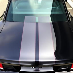 A 1999 Ford Mustang Cobra, showcasing a deep gloss black body with two matte black 8-inch stripes running centered from front to back, precisely 1 inch apart, each stripe edged with 1/8 inch red pinstripes