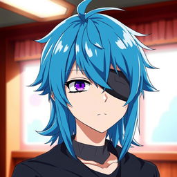 An anime-style character with vibrant blue hair, styled in a distinctive anime fashion, wearing an eye patch over one eye