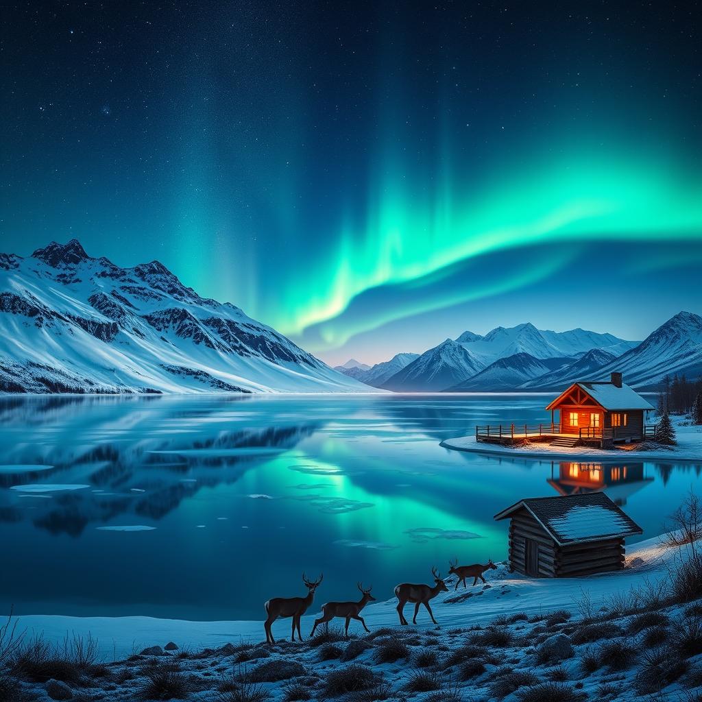 A serene landscape featuring a beautiful panoramic view of the Northern Lights reflecting off a tranquil frozen lake, surrounded by majestic snow-capped mountains