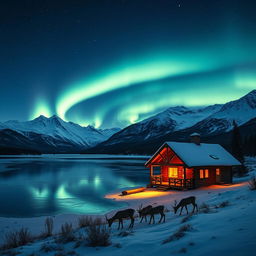 A serene landscape featuring a beautiful panoramic view of the Northern Lights reflecting off a tranquil frozen lake, surrounded by majestic snow-capped mountains