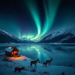 A serene landscape featuring a beautiful panoramic view of the Northern Lights reflecting off a tranquil frozen lake, surrounded by majestic snow-capped mountains