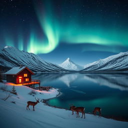 A serene landscape featuring a beautiful panoramic view of the Northern Lights reflecting off a tranquil frozen lake, surrounded by majestic snow-capped mountains